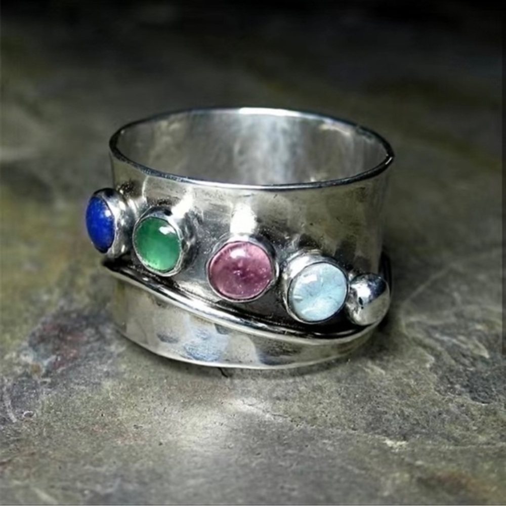 🆕 Bohemian Silver Colorful Gemstone Ring